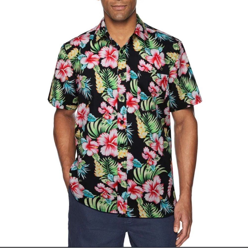 Unbranded Black Neon Floral Hawaiian Shirt Men’s Size M